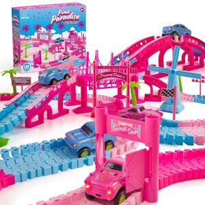 Pink Paradise Adventure Tracks 225 Piece, Interactive STEM Snap Car Track Set